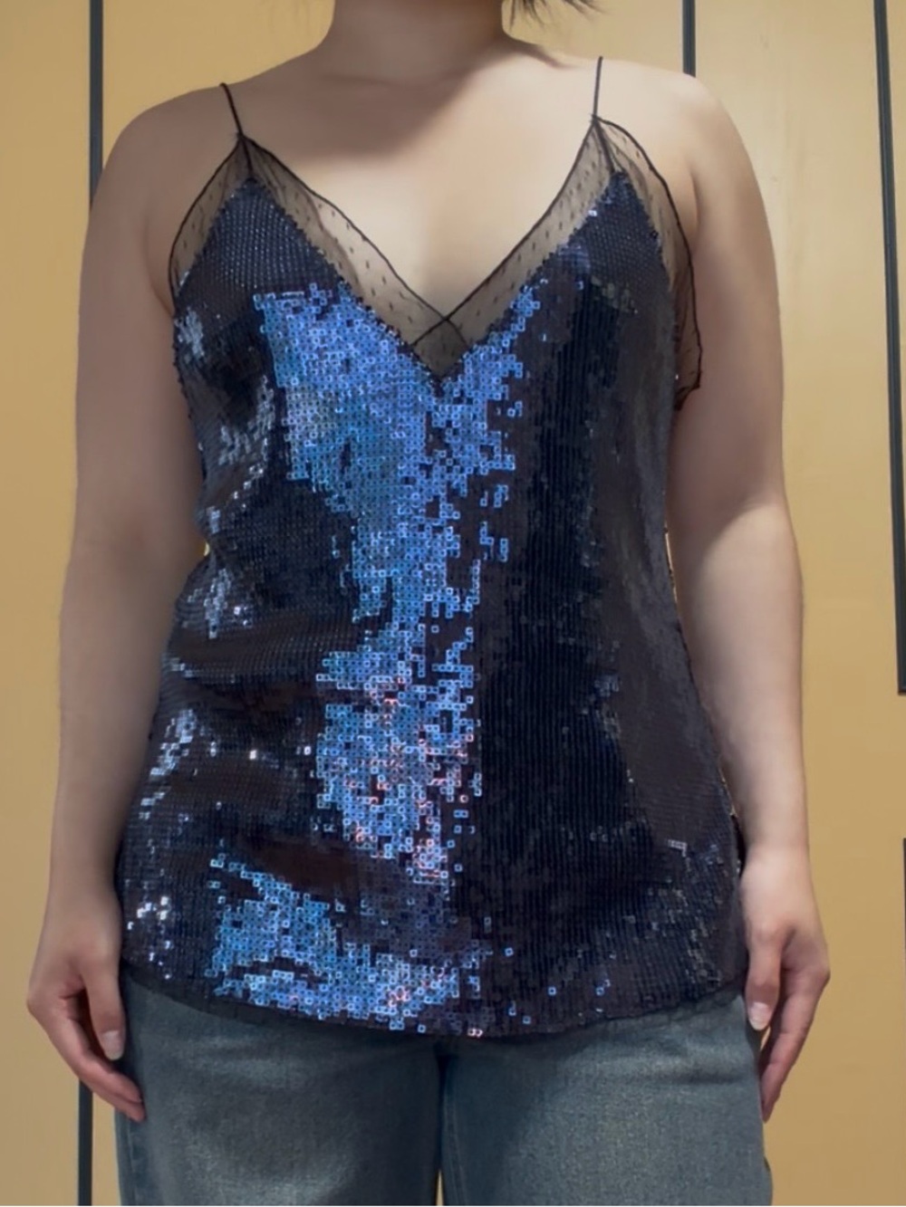 Free People Navy Sequin Tank Top, Size M